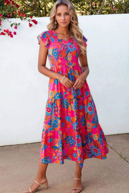 Boho Floral V-Neck Ruffle Tiered Dress -