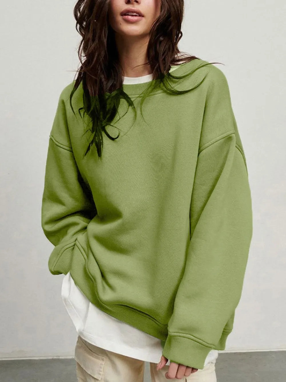 Round Neck Dropped Shoulder Long Sleeve Sweatshirt - Matcha Green