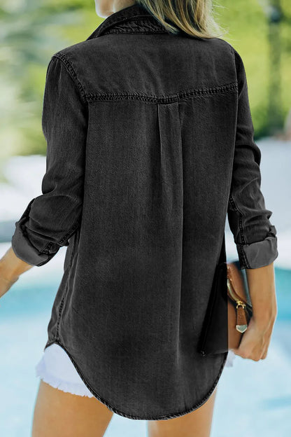 Collared Neck Long Sleeve Denim Top -