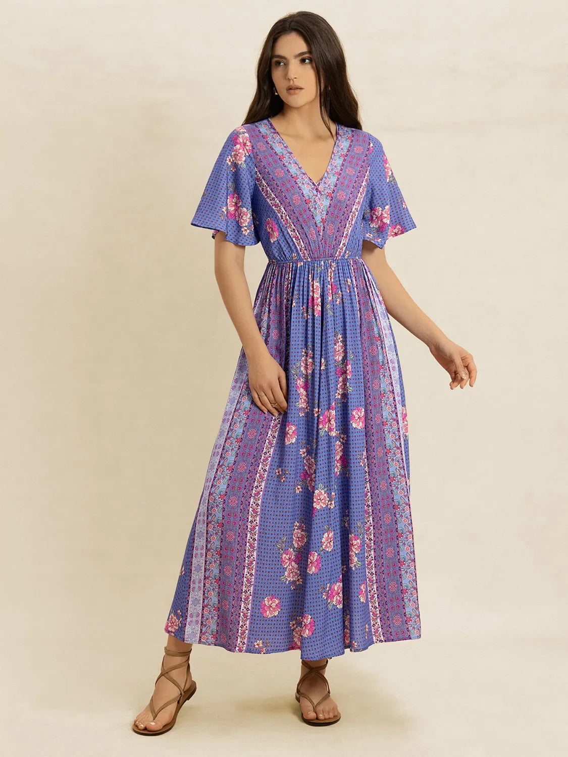 Printed Short Sleeve Midi Dress -