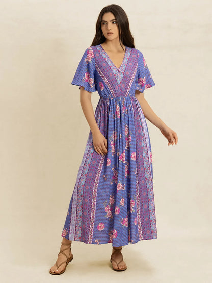 Printed Short Sleeve Midi Dress -
