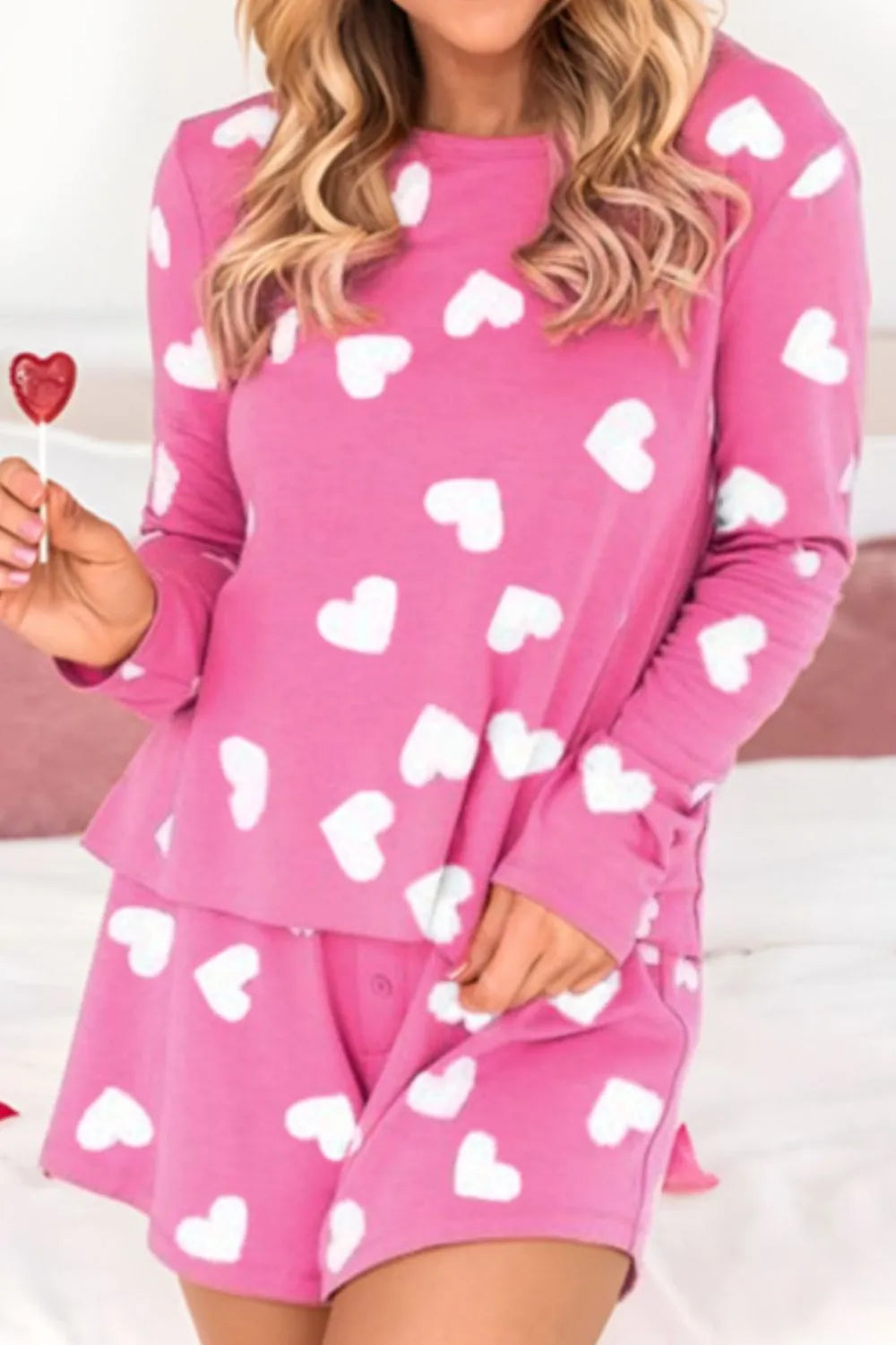 Heart Long Sleeve Top and Elastic Waist Shorts Set - Hot Pink