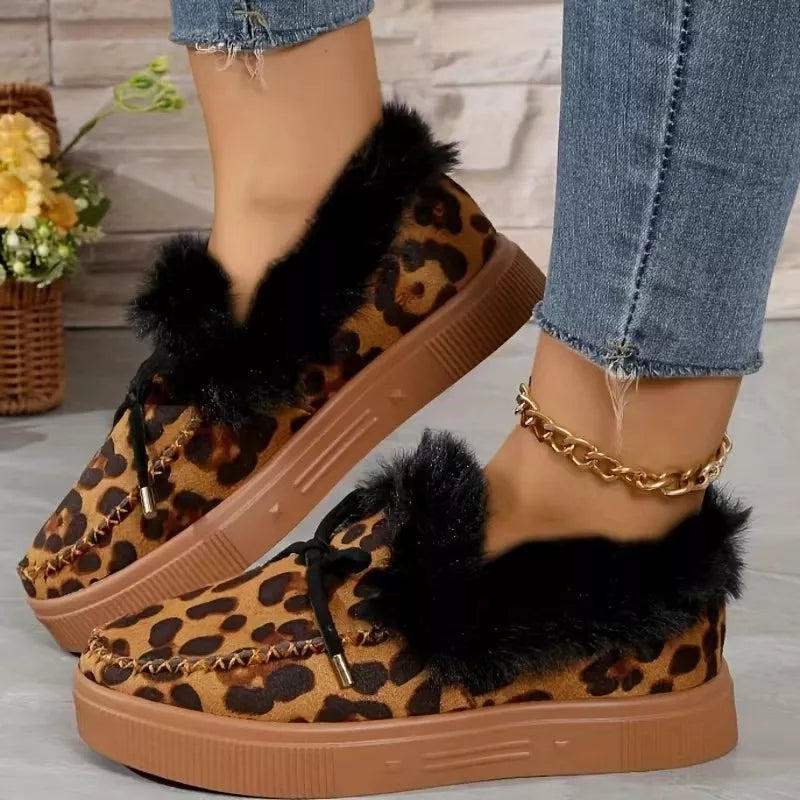 Fuzzy Round Toe Slip-Ons - Leopard