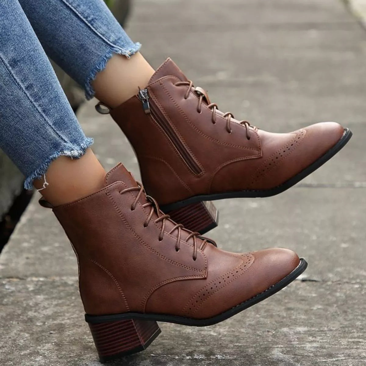 Lace-Up Ankle Boots with Zipper - Dark Brown