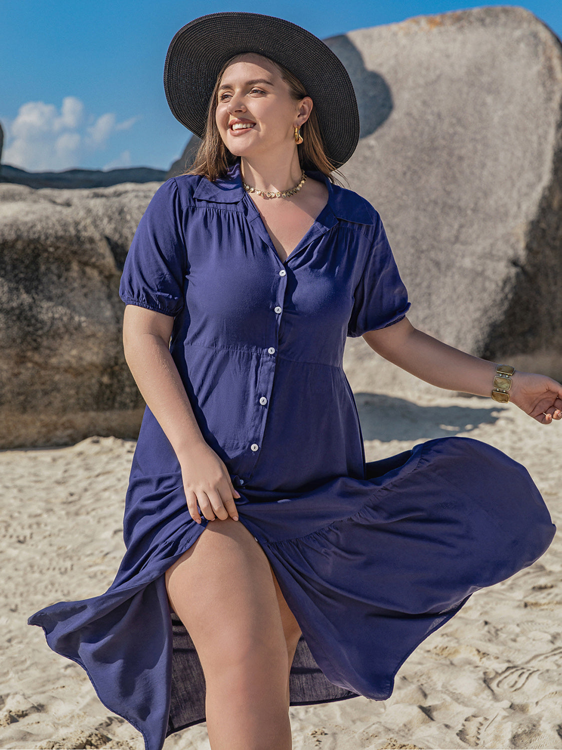 Plus Size Collared Neck Short Sleeve Midi Dress - Dark Blue