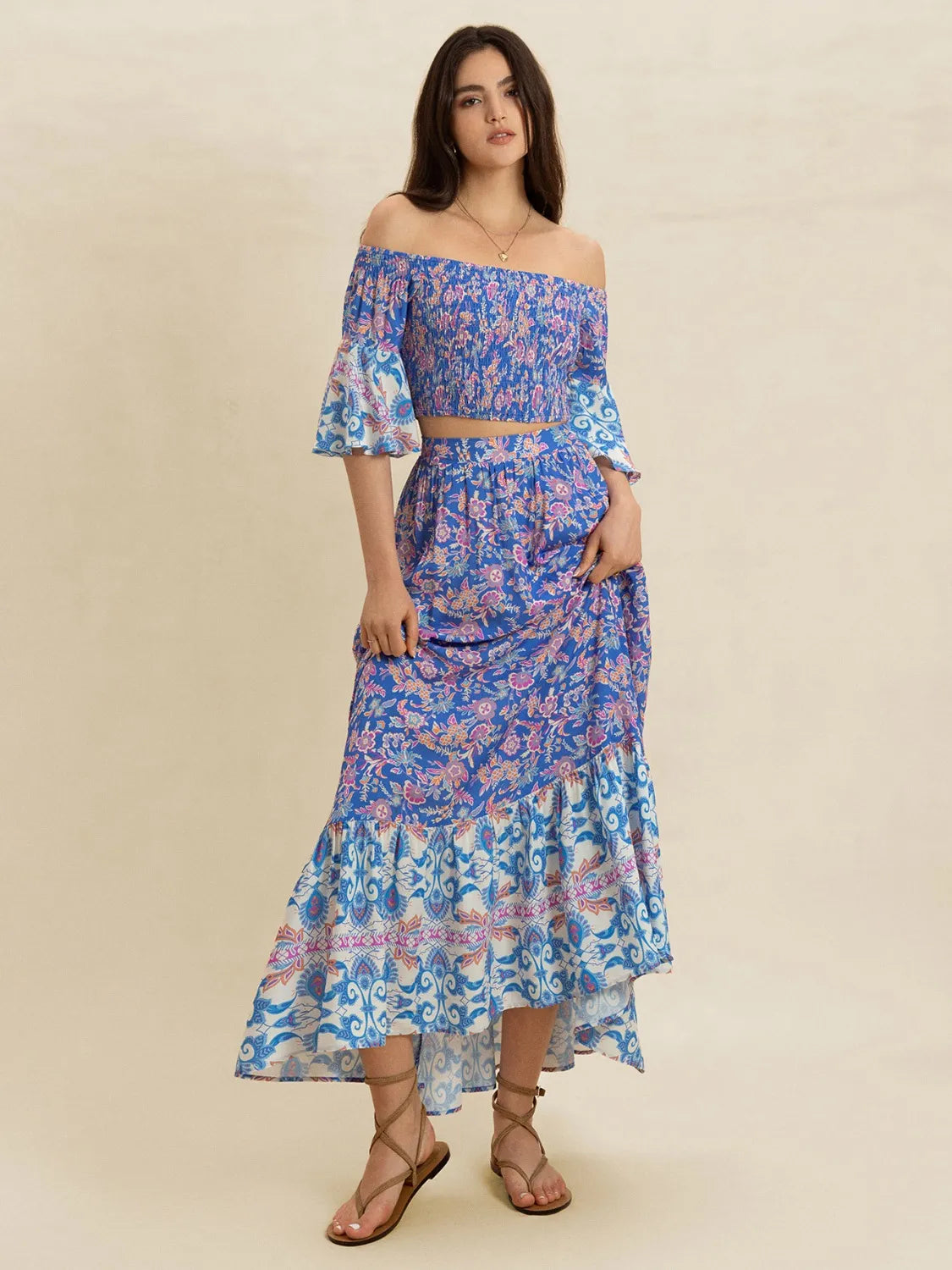 Smocked Off-Shoulder Printed Top and Skirt Set - Blue Purple