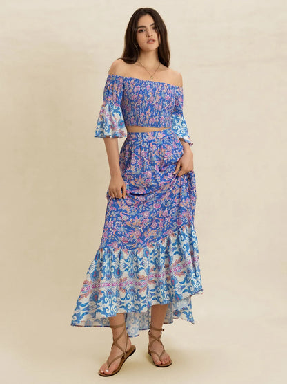 Smocked Off-Shoulder Printed Top and Skirt Set - Blue Purple