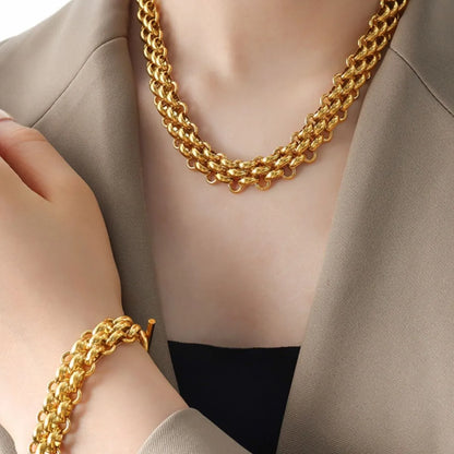 Gold Chain Link Jewelry Set with Necklace and Bracelet - Gold One Size