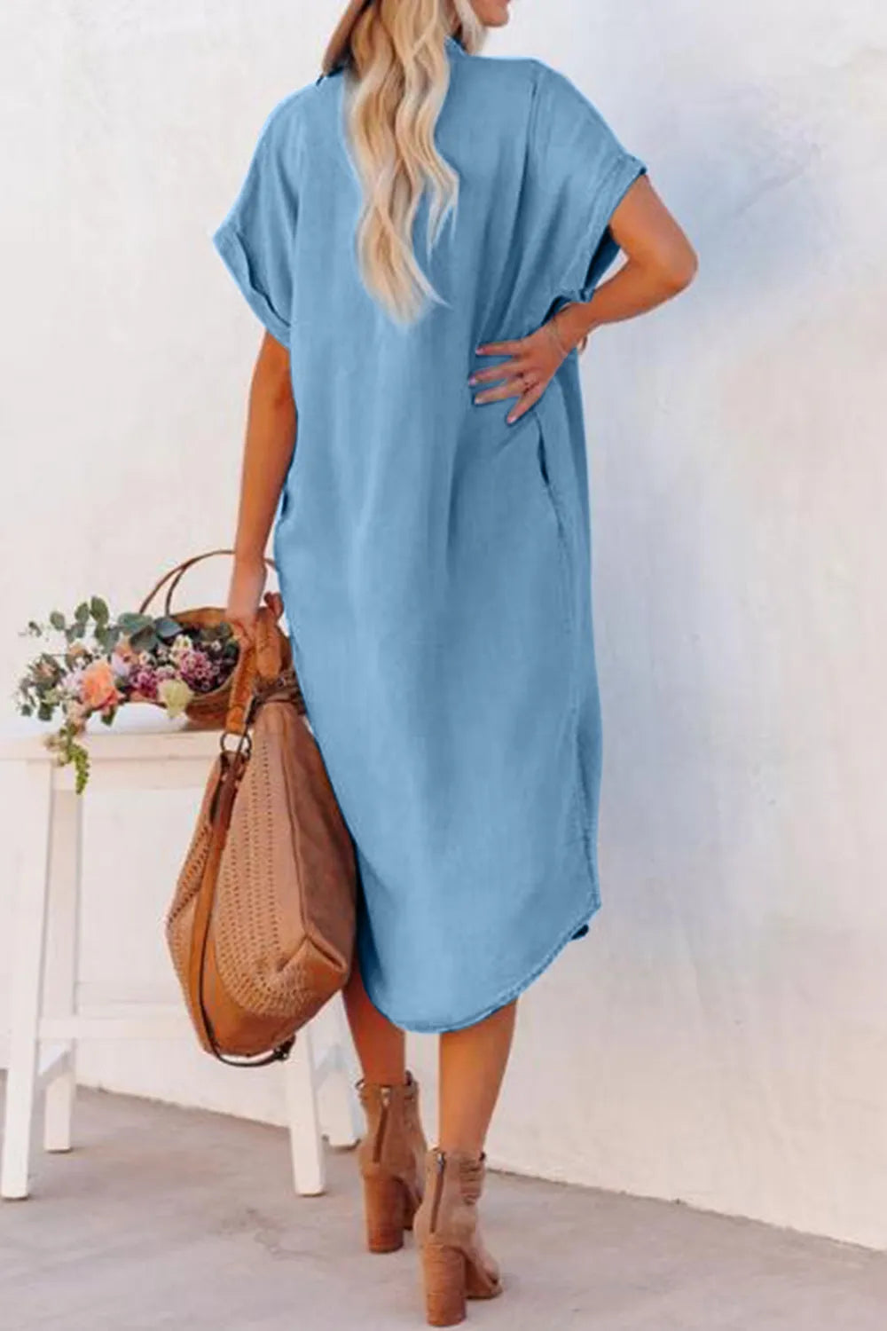 Slit Button Up Short Sleeve Imitation Denim Dress -