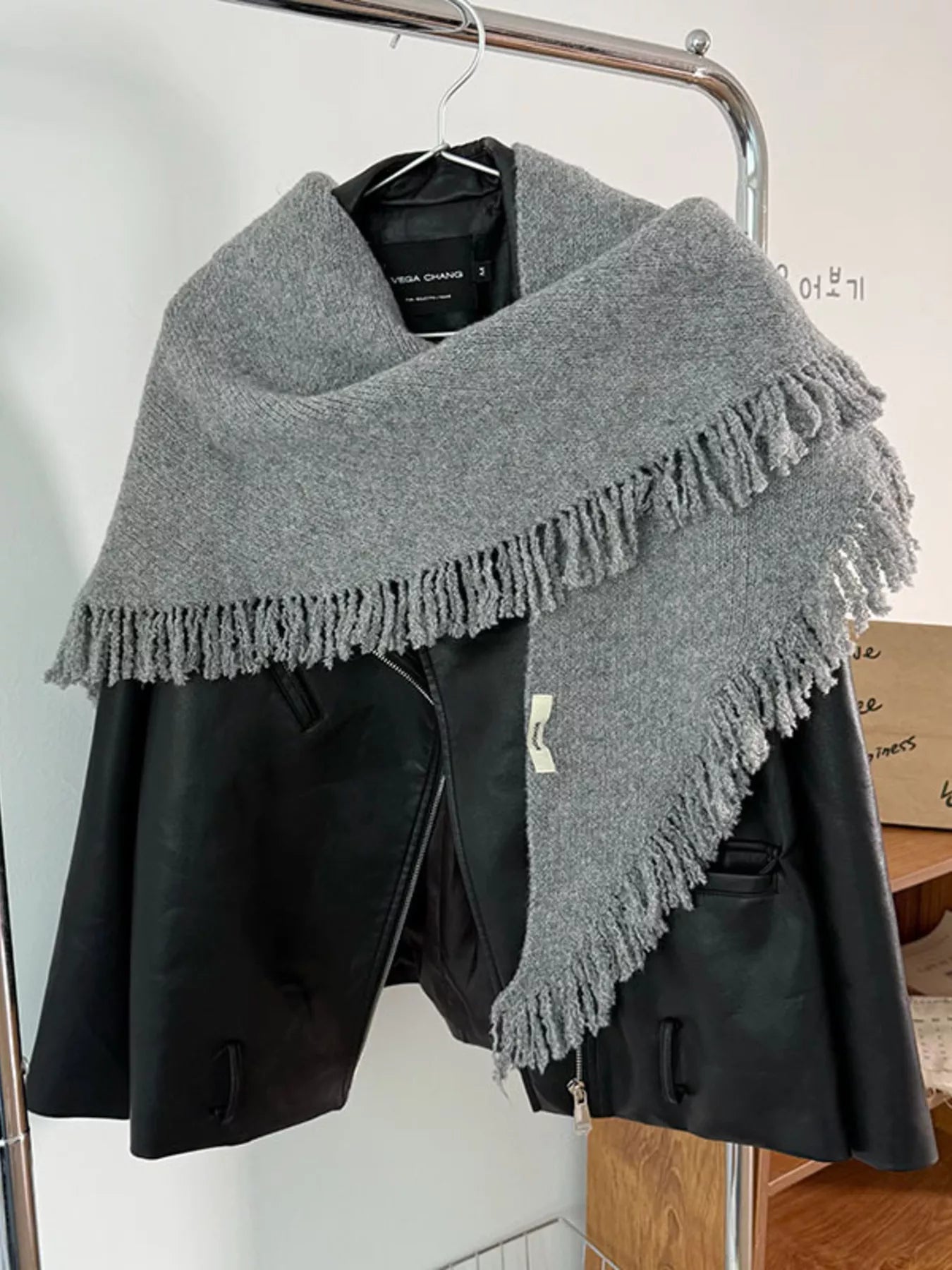 Fringe Trim Knit Scarf - Light Gray One Size