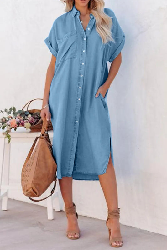 Slit Button Up Short Sleeve Imitation Denim Dress - Medium