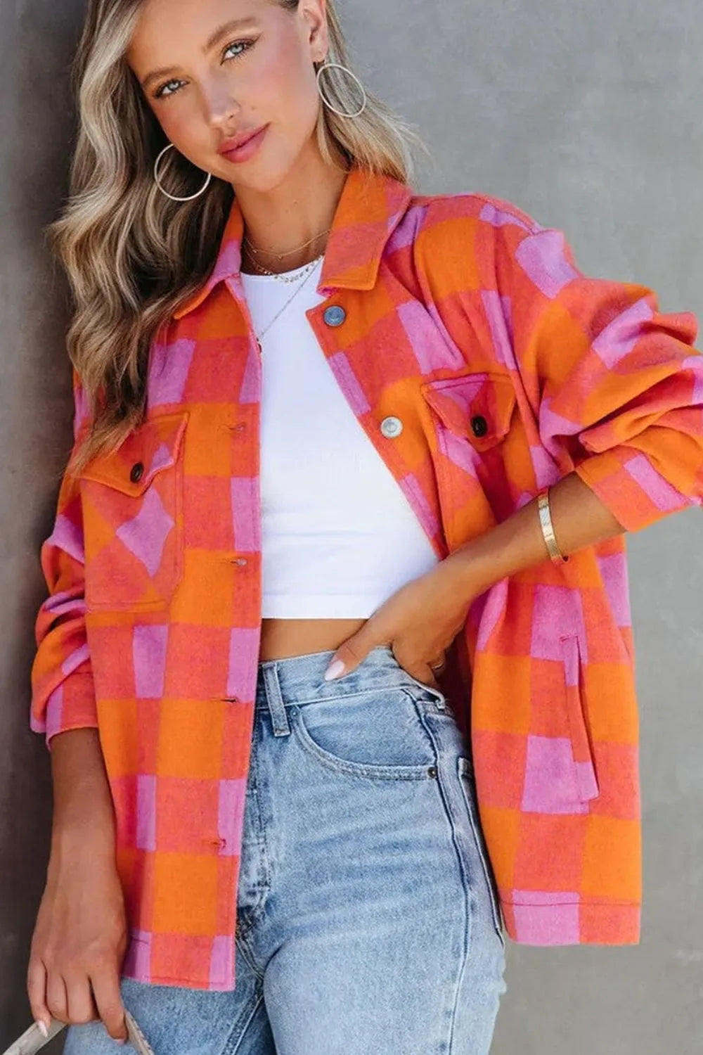 Plaid Collared Neck Button Up Jacket -