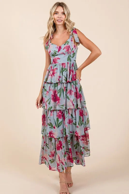 Layered Floral Sweetheart Neck Maxi Dress -