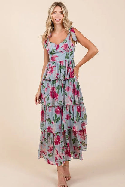 Layered Floral Sweetheart Neck Maxi Dress -
