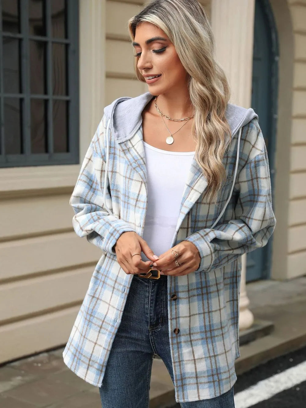 Drawstring Plaid Button Up Hooded Jacket -