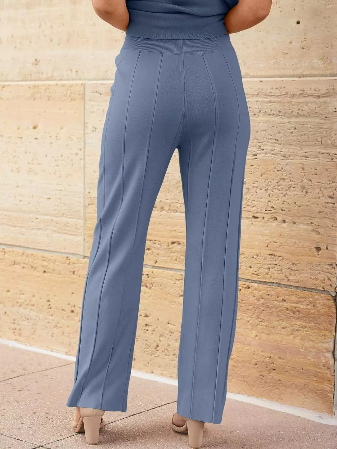 Casual Color Cap Sleeve Top and Pants Knit Set -