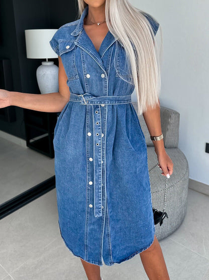 Collared Neck Cap Sleeve Denim Dress - Medium