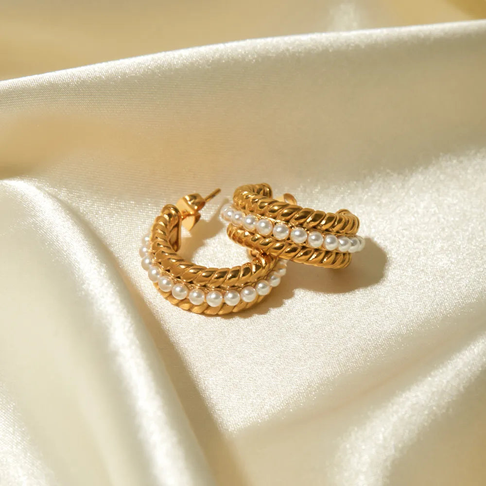 Stainless Steel Pearl C-Hoop Earrings -