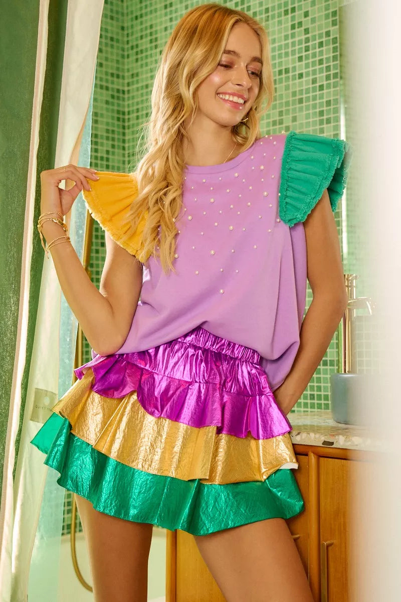 Mardigras Theme Frayed Edge Ruffled Top - Multicolor