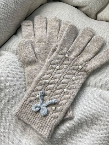 Thermal Pearl Detail Bow Five-Finger Gloves - Khaki One Size