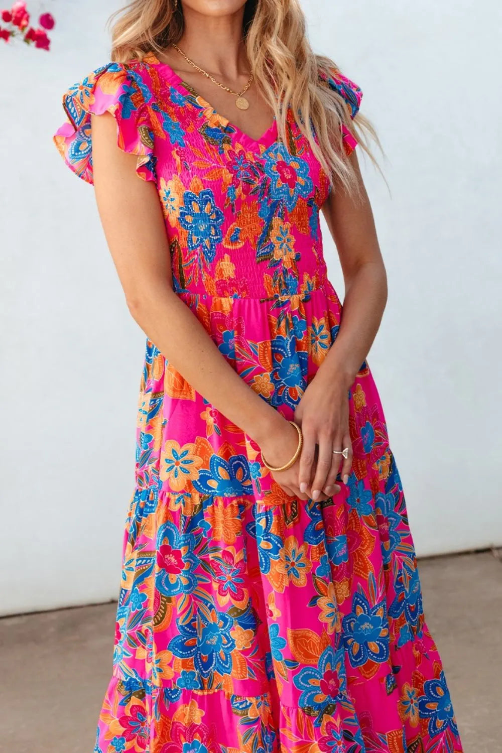 Boho Floral V-Neck Ruffle Tiered Dress -