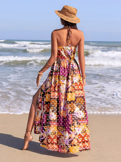 Slit Printed Halter Neck Cami Dress -