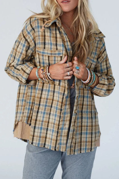Waffle Knit Patchwork Hooded Plaid Shacket - Multicolor
