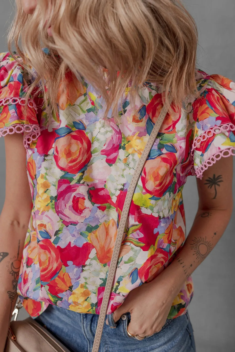 Lace Trim Ruffle Cap Sleeve Floral Blouse -