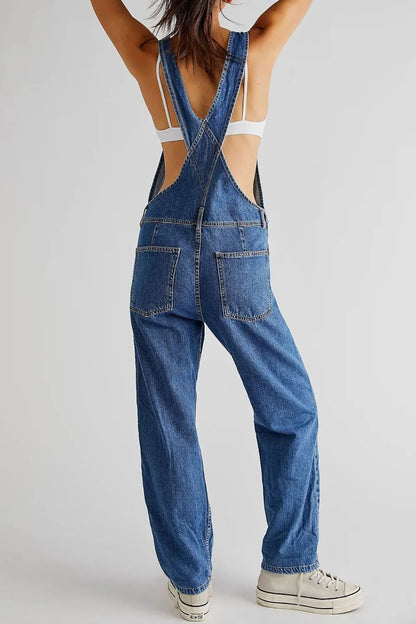 Wide Strap Square Neck Denim Overalls -