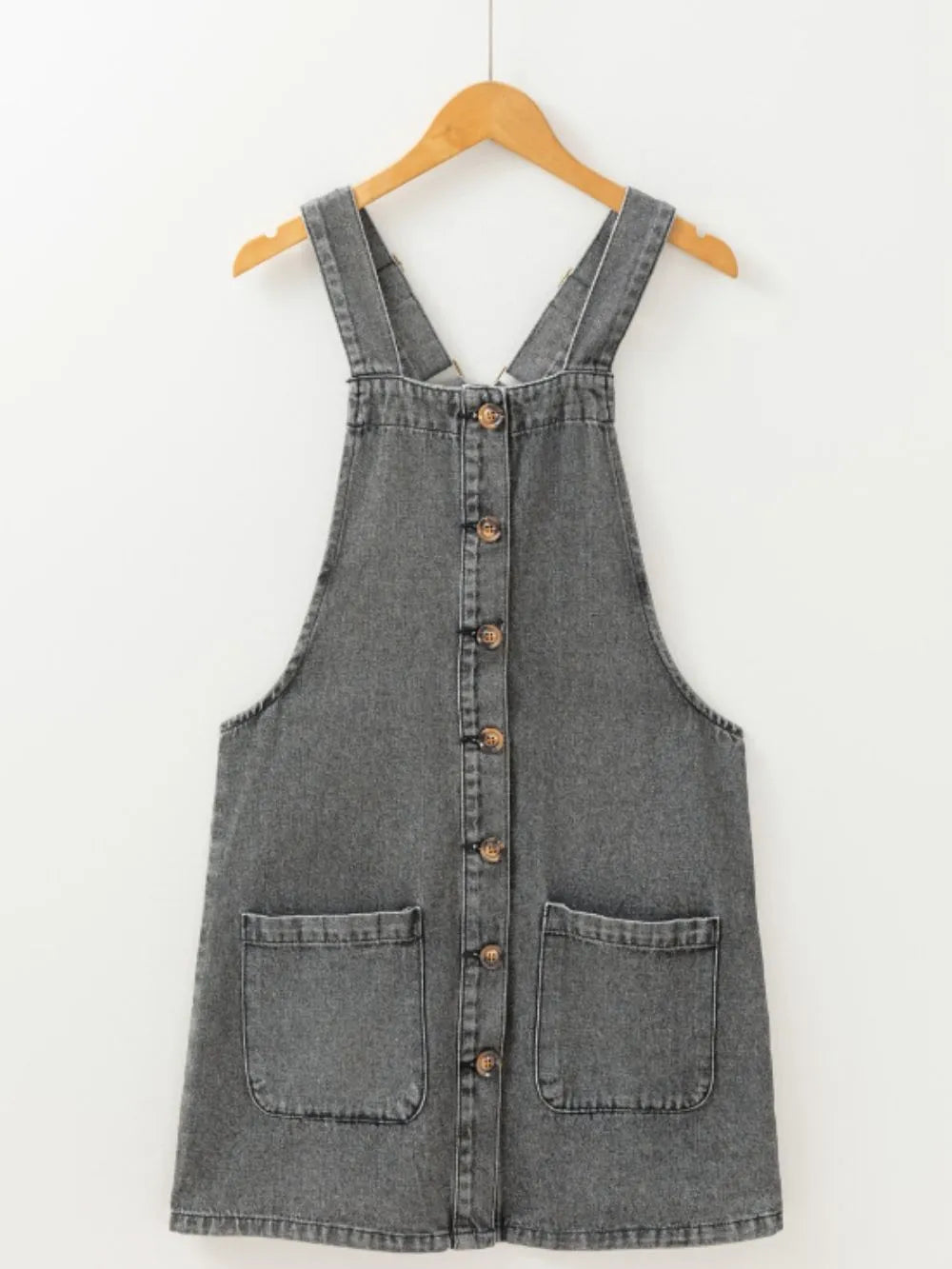 Wide Strap Button Down Denim Overall Dress -