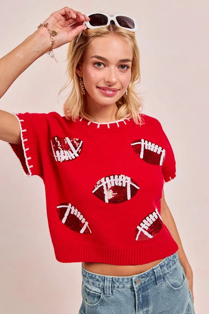 Gameday Sequin Football Embroidered Stitch Sweater -