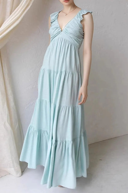 Ruffled V-Neck Tiered Dress - Light Blue