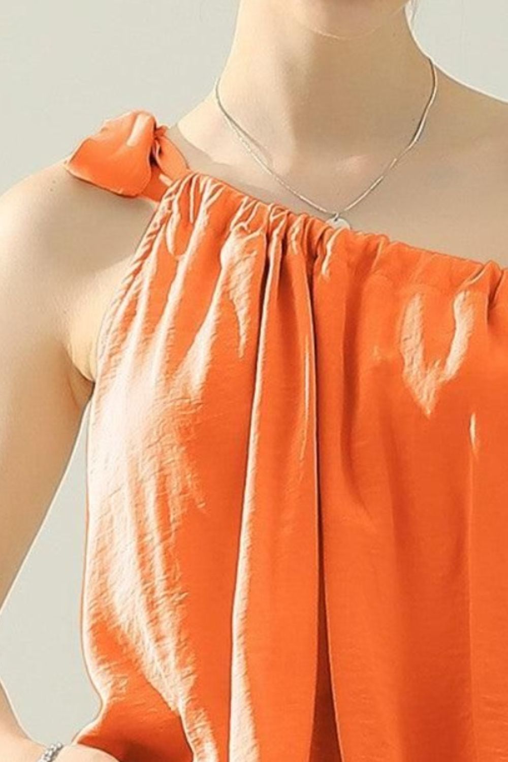 One Shoulder Bow Tie Strap Satin Silk Top - Orange