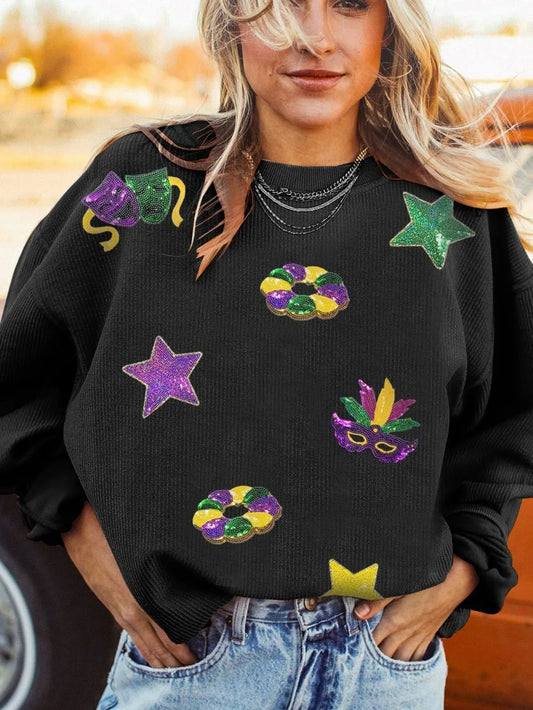 Sequin Round Neck Long Sleeve Sweatshirt - Black