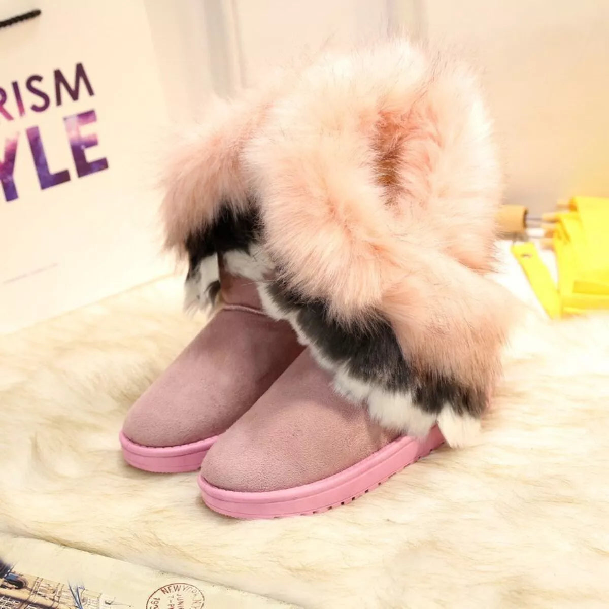 Fluffy Fur Cuff Round Toe Boots - Pink