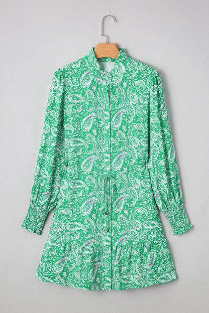 Ruffled Hem Long Sleeve Shirt Dress -