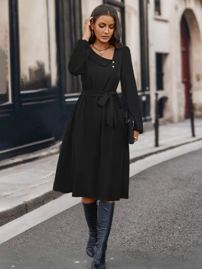 Buttoned Tie Front Asymmetrical Neck Dress - Black