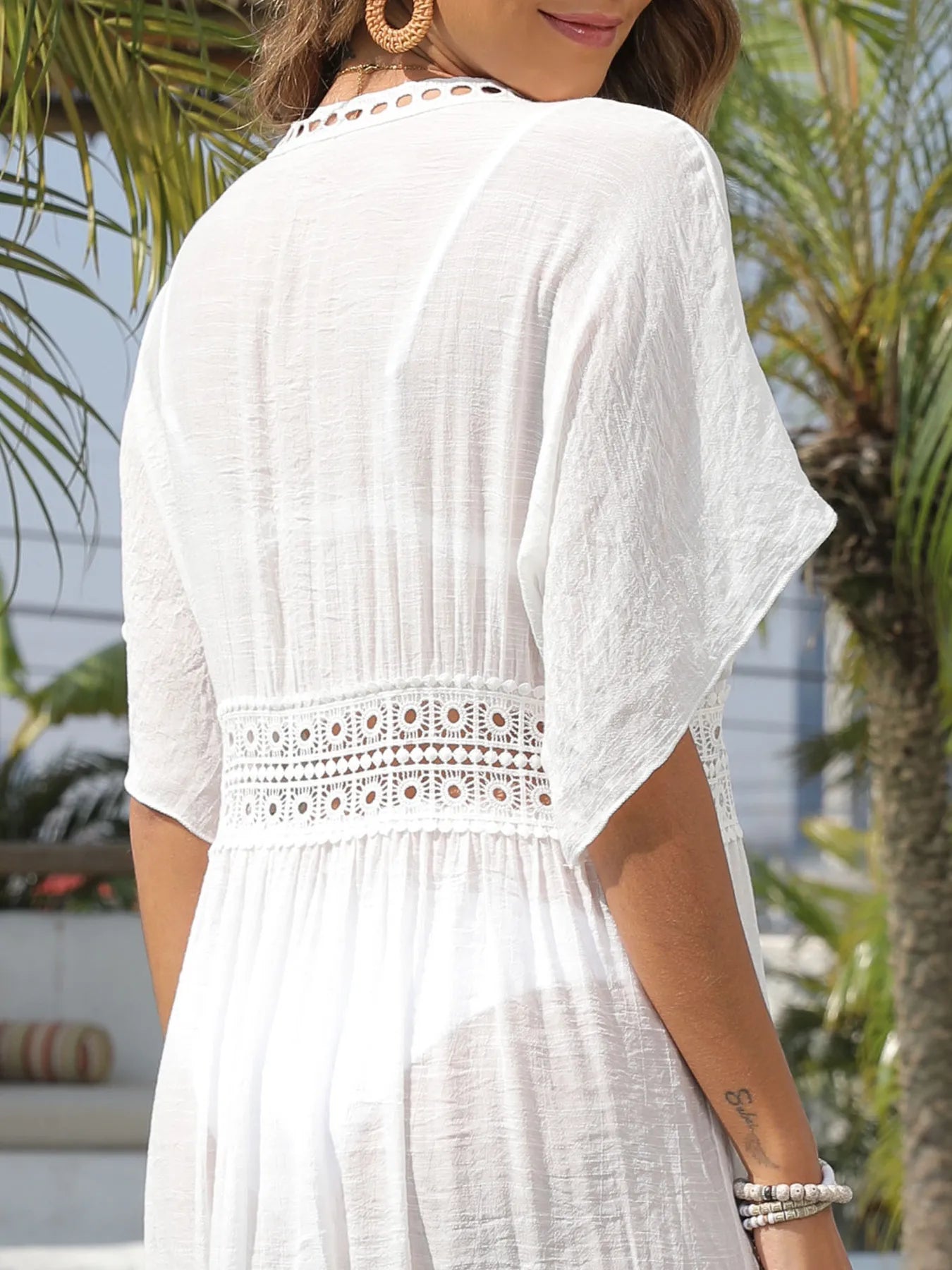 Lace Trim Plunging Beach Cover-Up Maxi Dress -