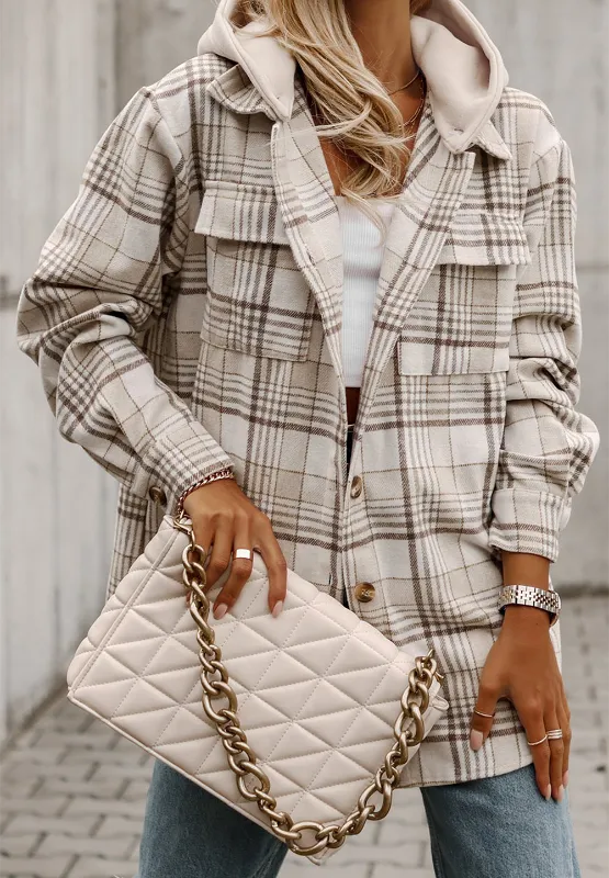 Plaid Removable Hood Button Up Shacket - White