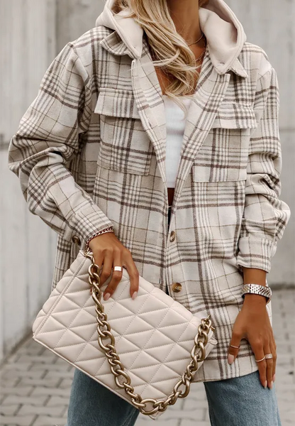 Plaid Removable Hood Button Up Shacket - White