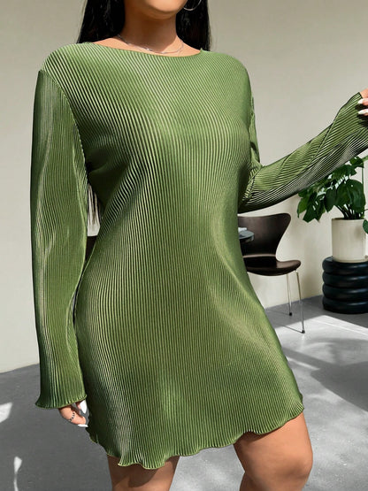 Plus Size Lettuce Hem Round Neck Long Sleeve Dress - Matcha Green