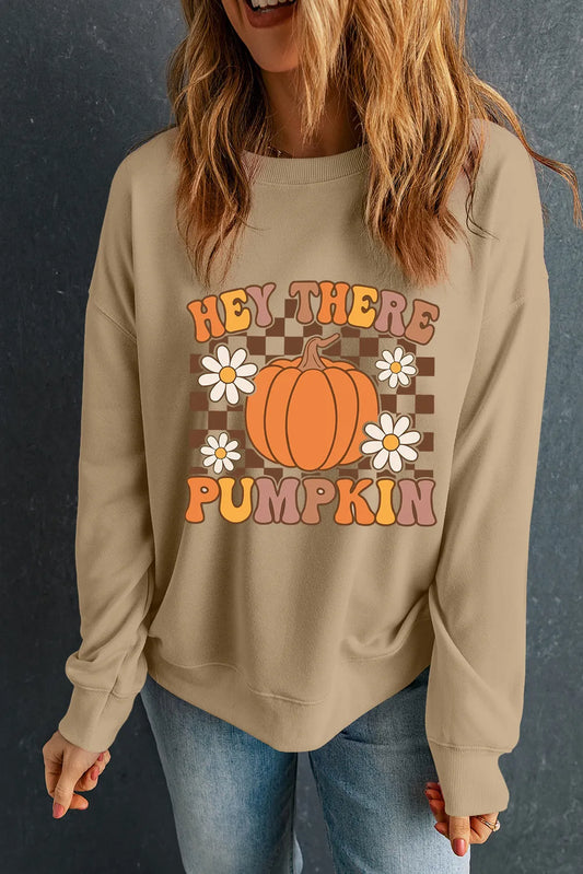 Pumpkin Graphic Long Sleeve Sweatshirt - Khaki