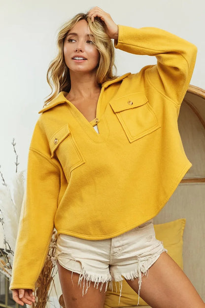 Flap Pockets Fleece Collared Sweatshirt -