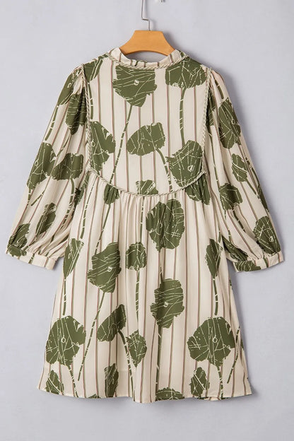 Printed Tie Neck Balloon Sleeve Dress -