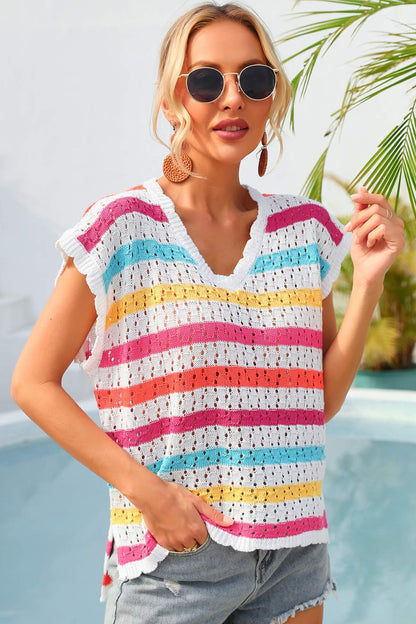 Striped V-Neck Slit Cover Up - White