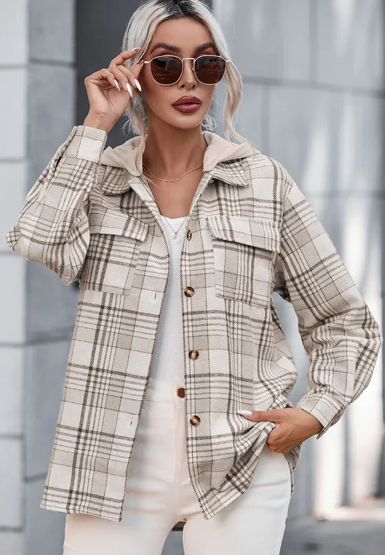 Plaid Removable Hood Button Up Shacket -