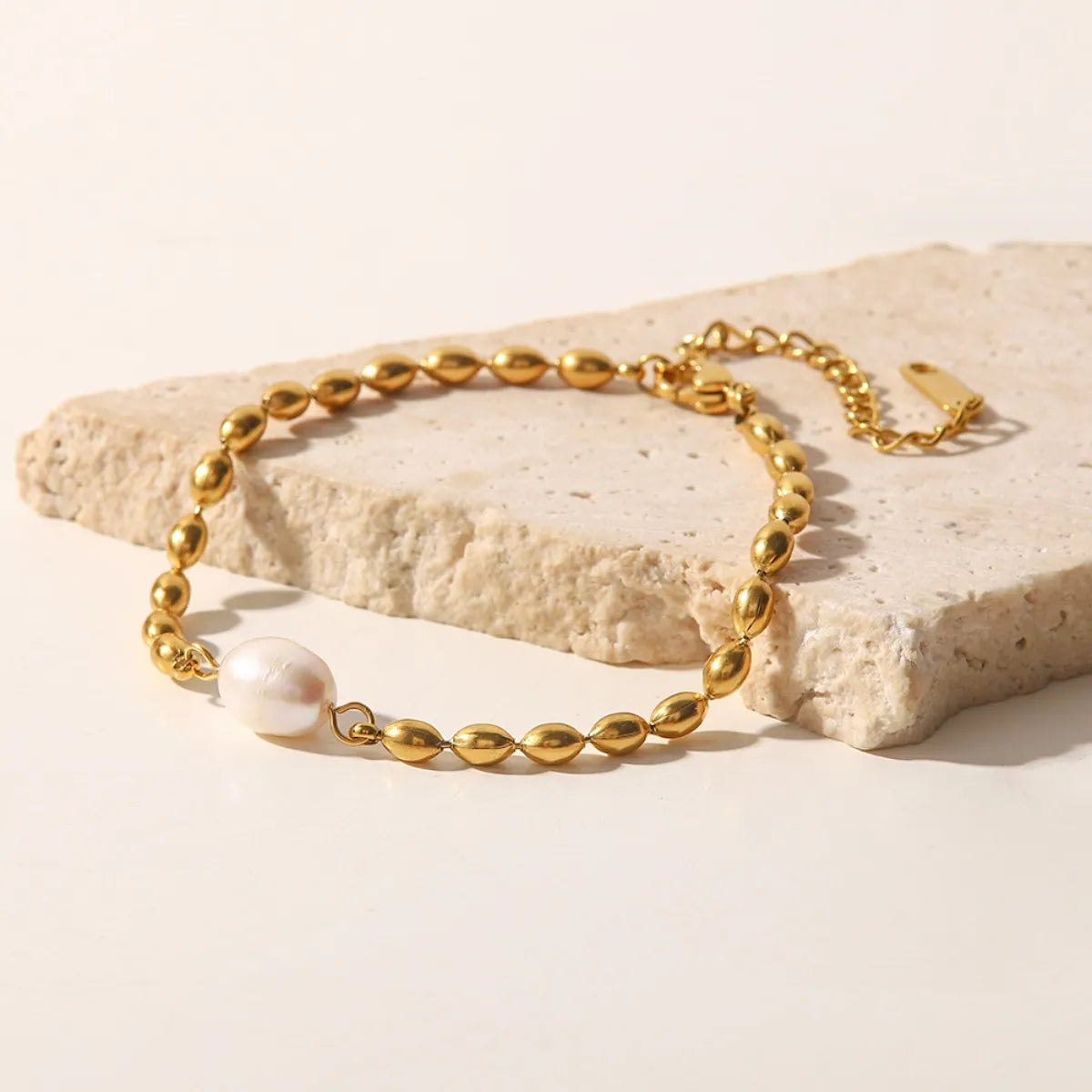 Pearl and Gold Chain Jewelry Set with Necklace and Bracelet -
