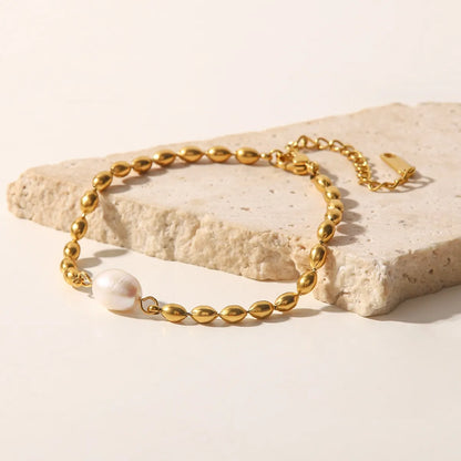 Pearl and Gold Chain Jewelry Set with Necklace and Bracelet -