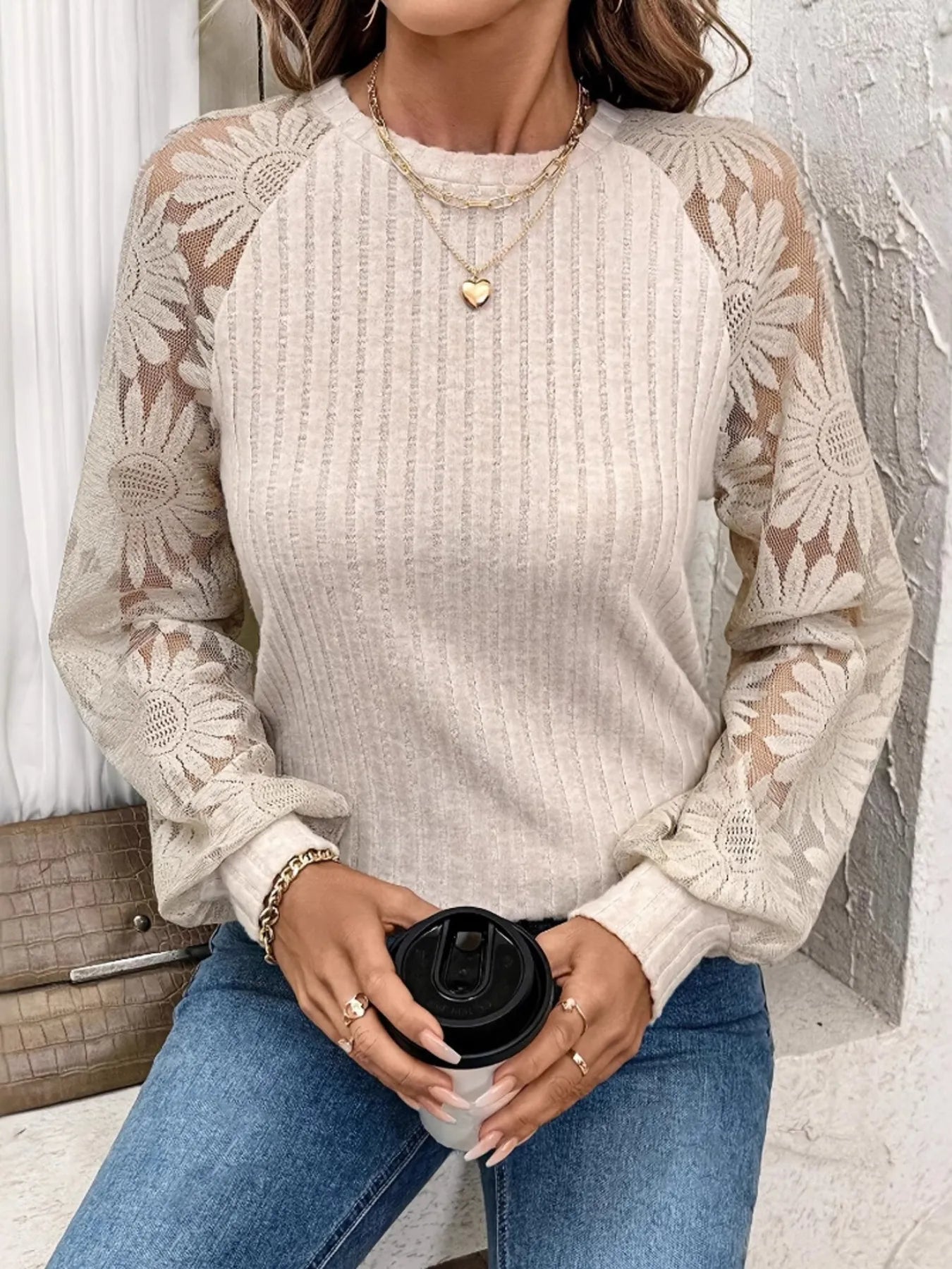 Ribbed Sheer Lace Sleeve Top - Apricot