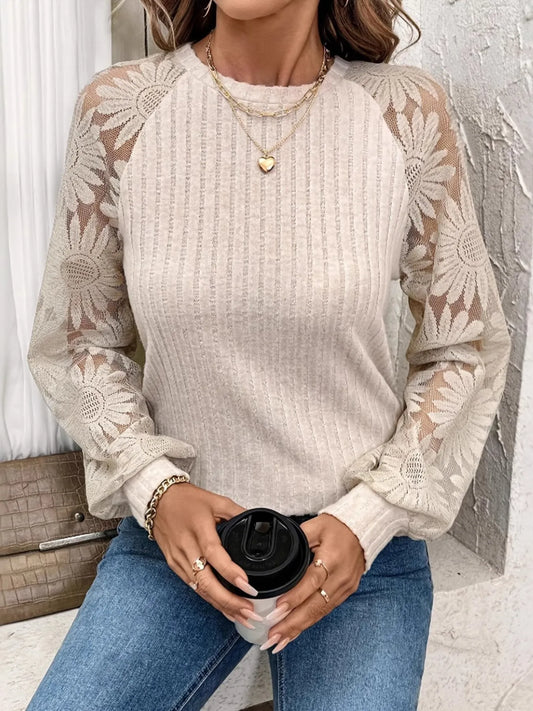 Ribbed Sheer Lace Sleeve Top - Apricot